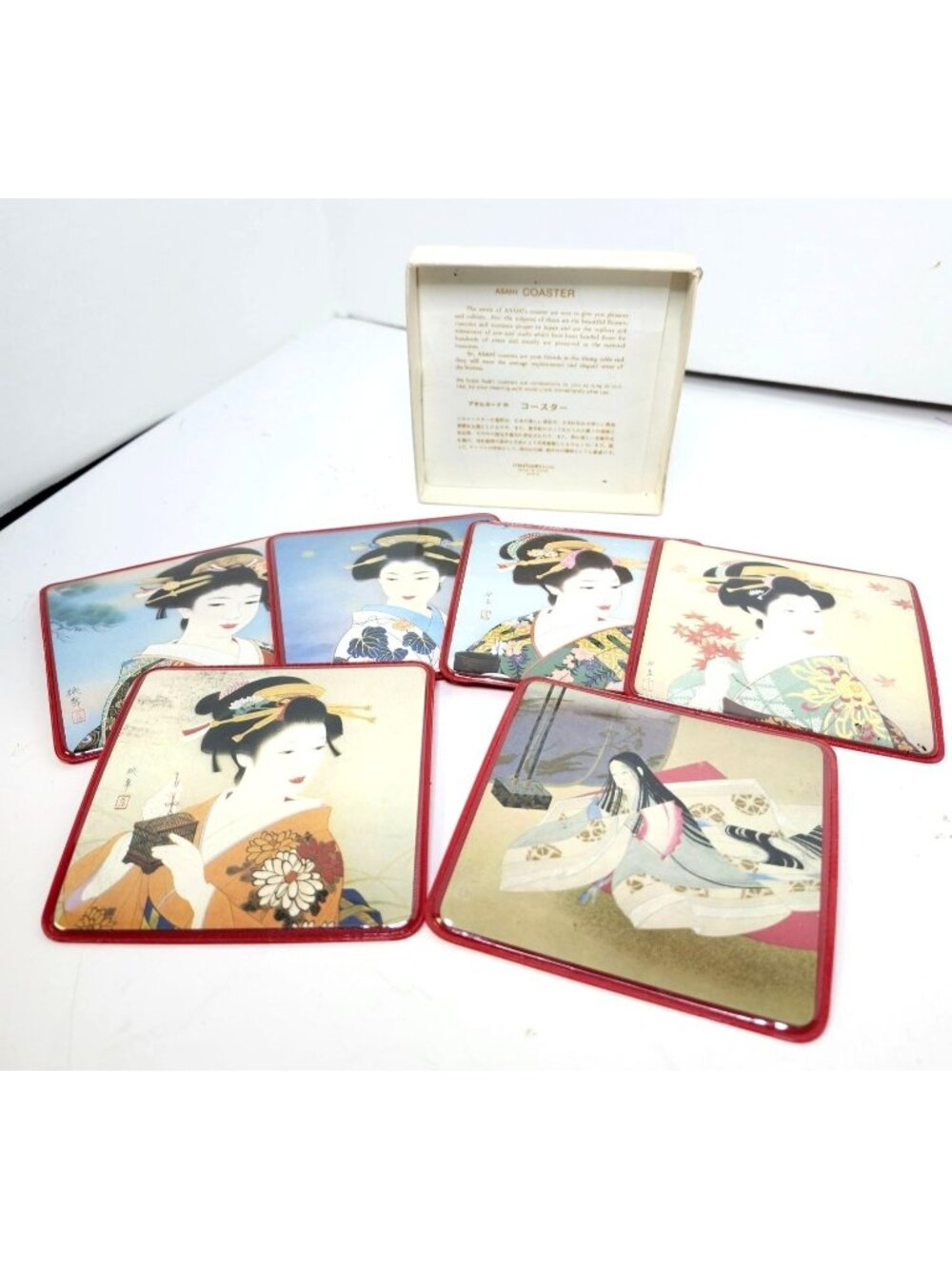 Vintage Japanese Geisha-Themed Coaster Set By Asahi With Original Box - Made In